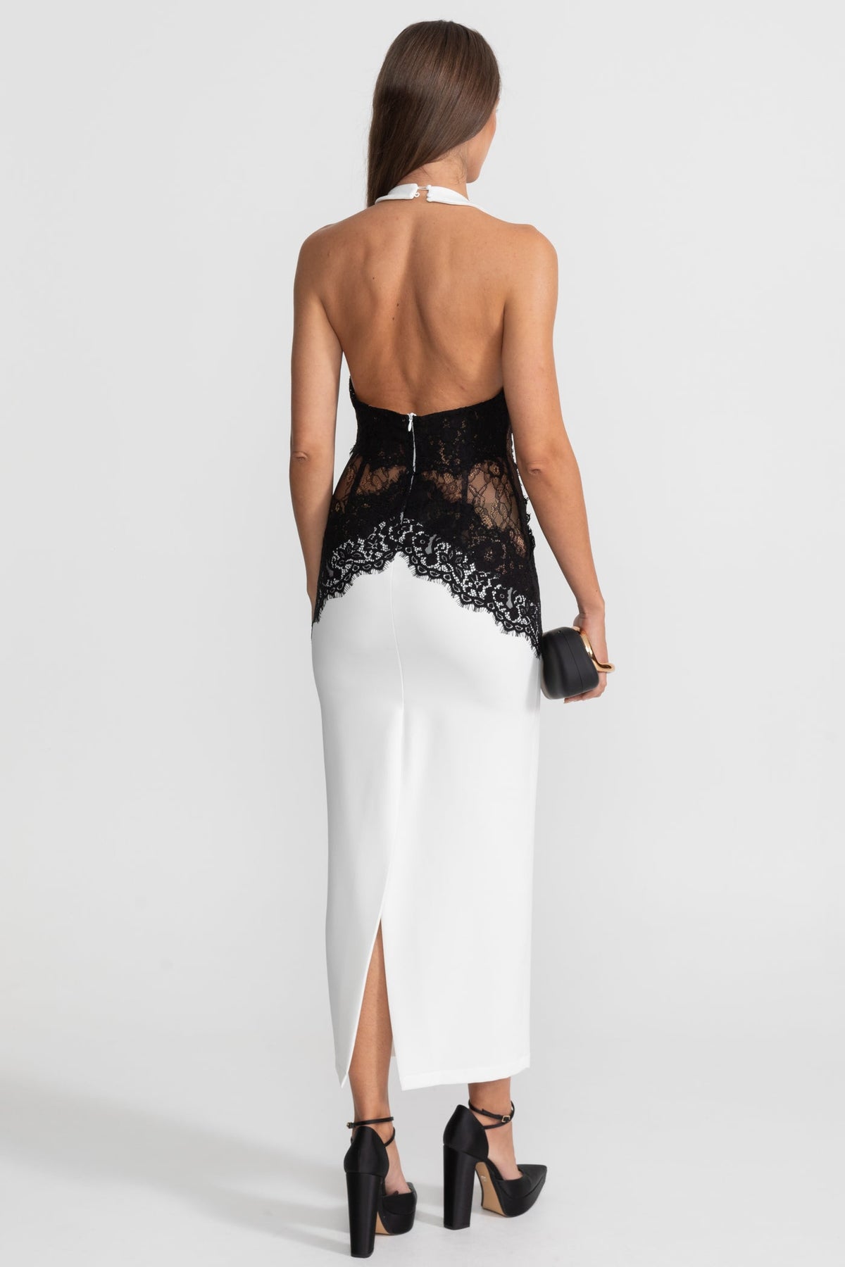 Halter Maxi Dress with Contrast Lace Panels – White