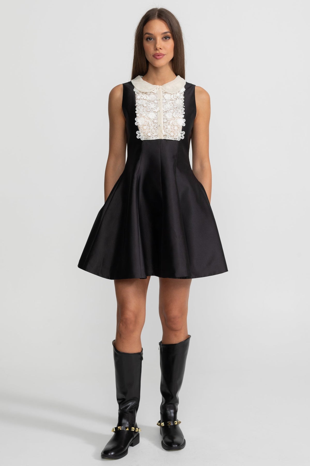 A-Line Mini Dress with Lace Bib – Black