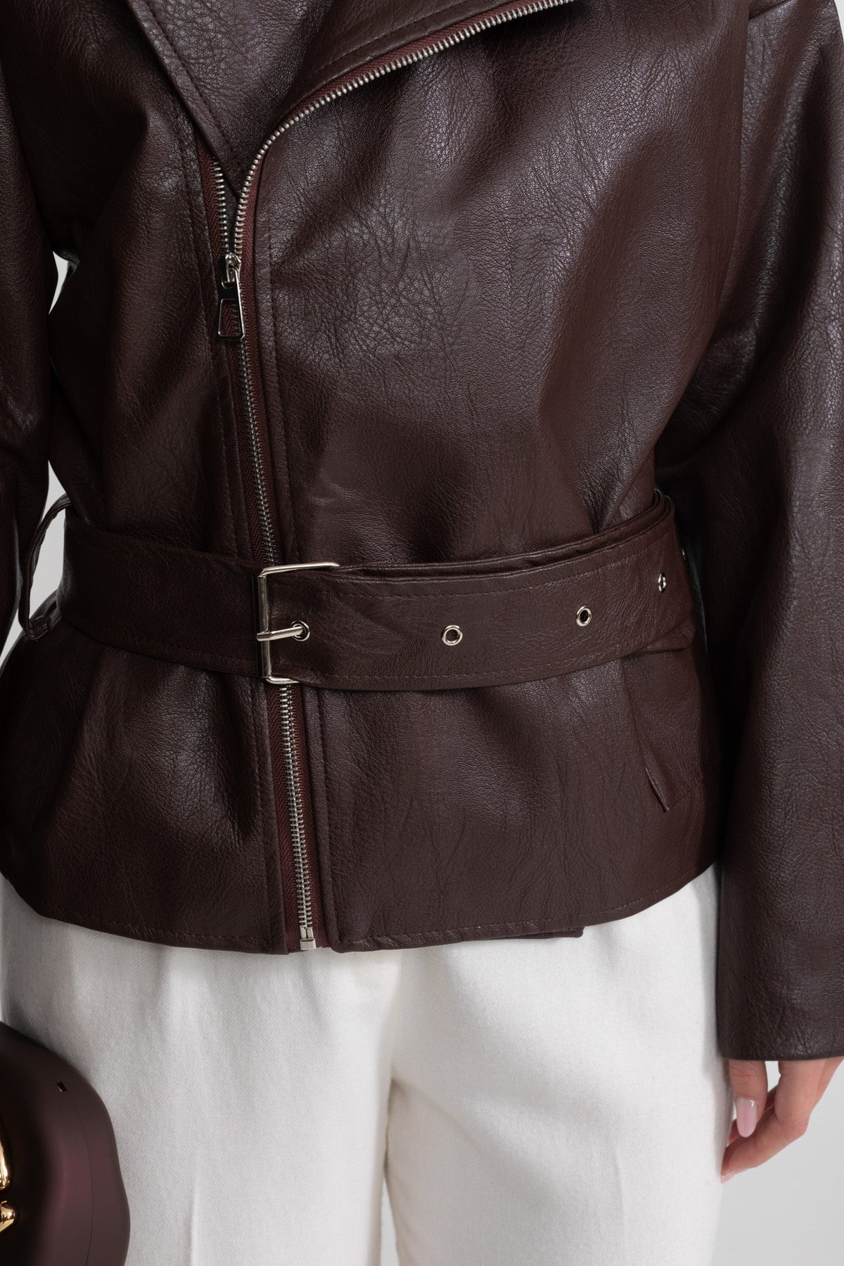 Belted Biker Jacket With Wide Lapels – Chocolate Brown