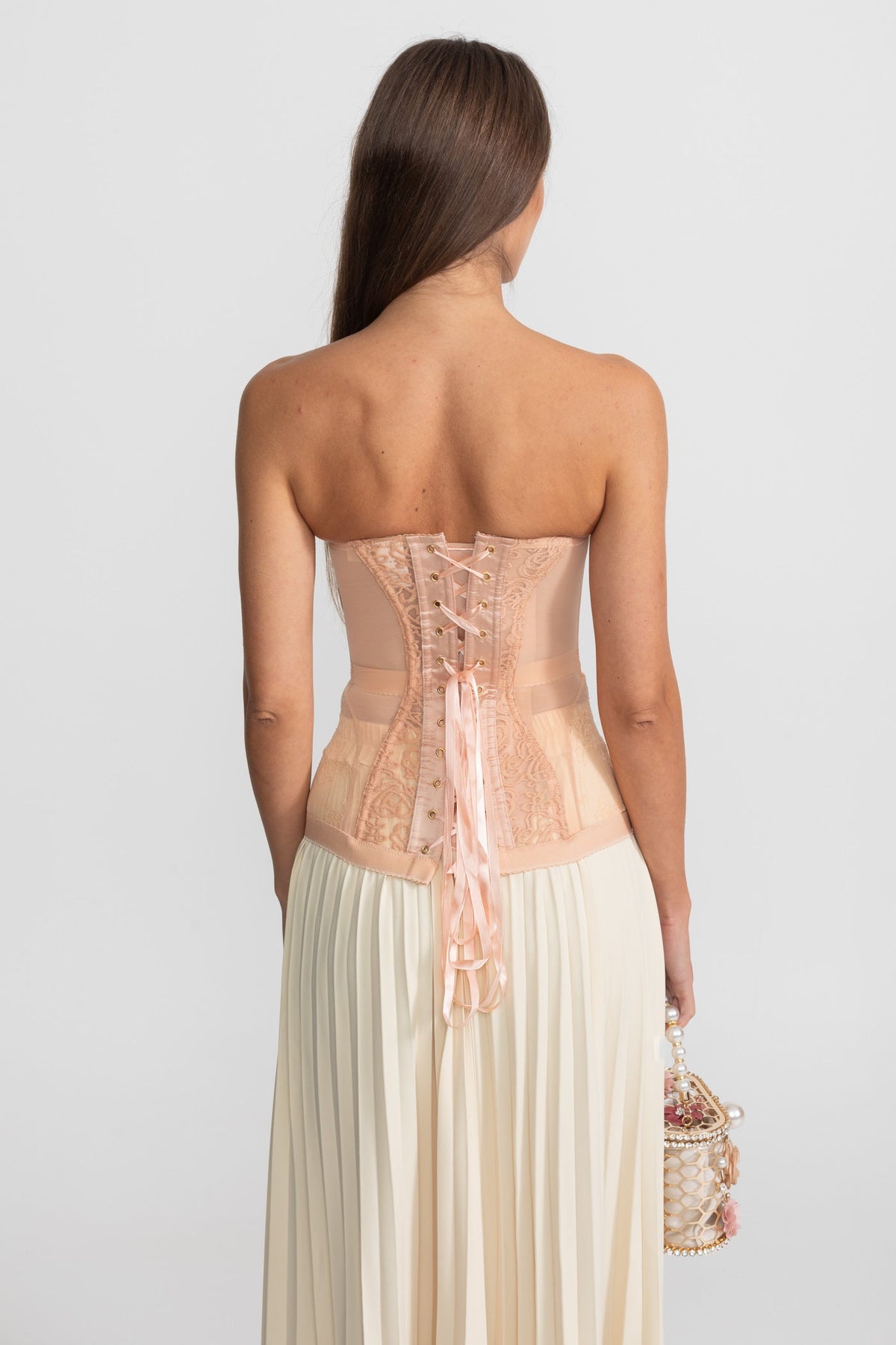 Strapless Lace Corset Top with Boning and Front Closure - Nude