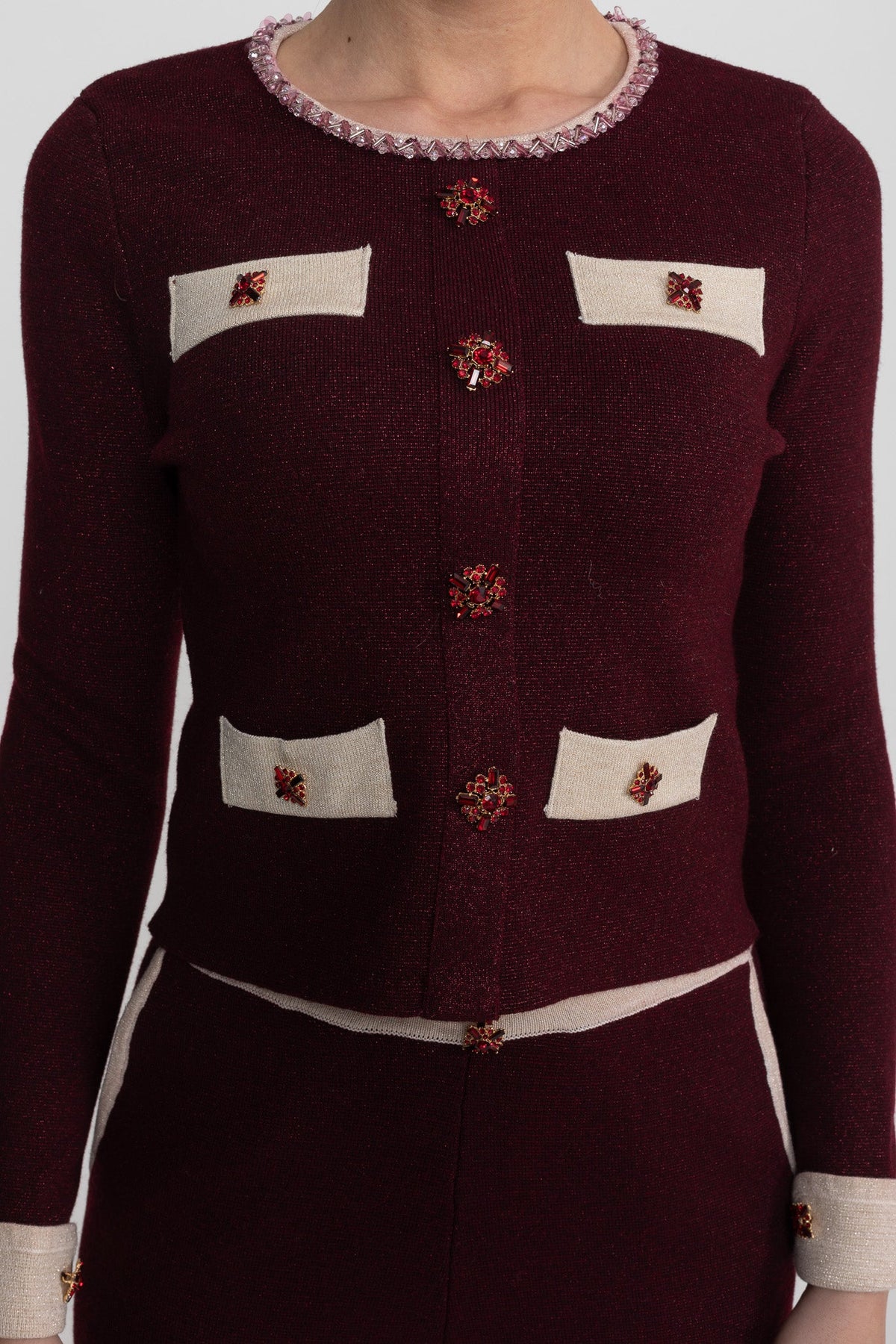 Long Sleeve Knit Co-Ord Set With Contrast Trim And Sparkling Embellishments - Burgundy
