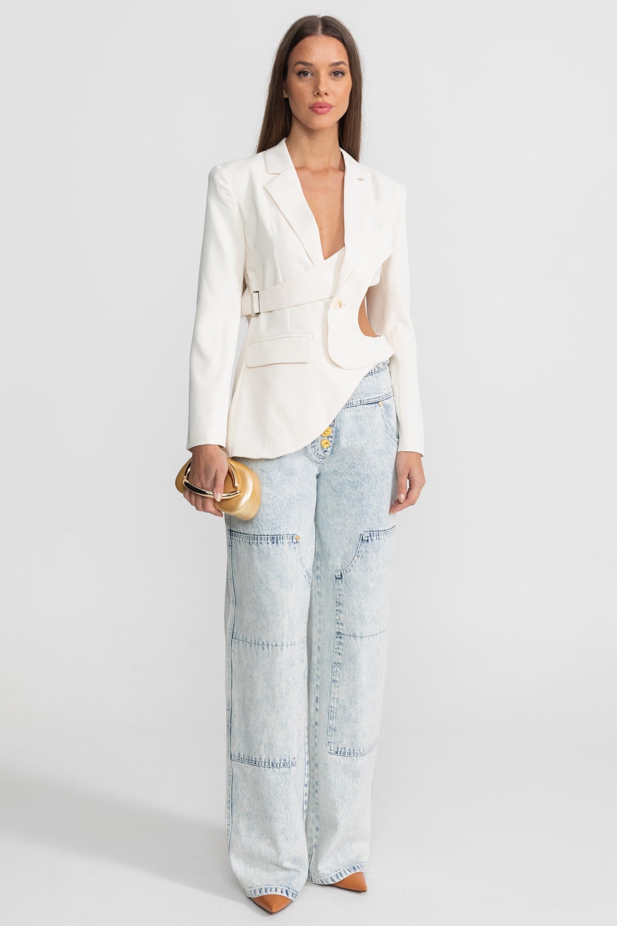 Asymmetric Cut-Out Blazer with Belt Detail - White