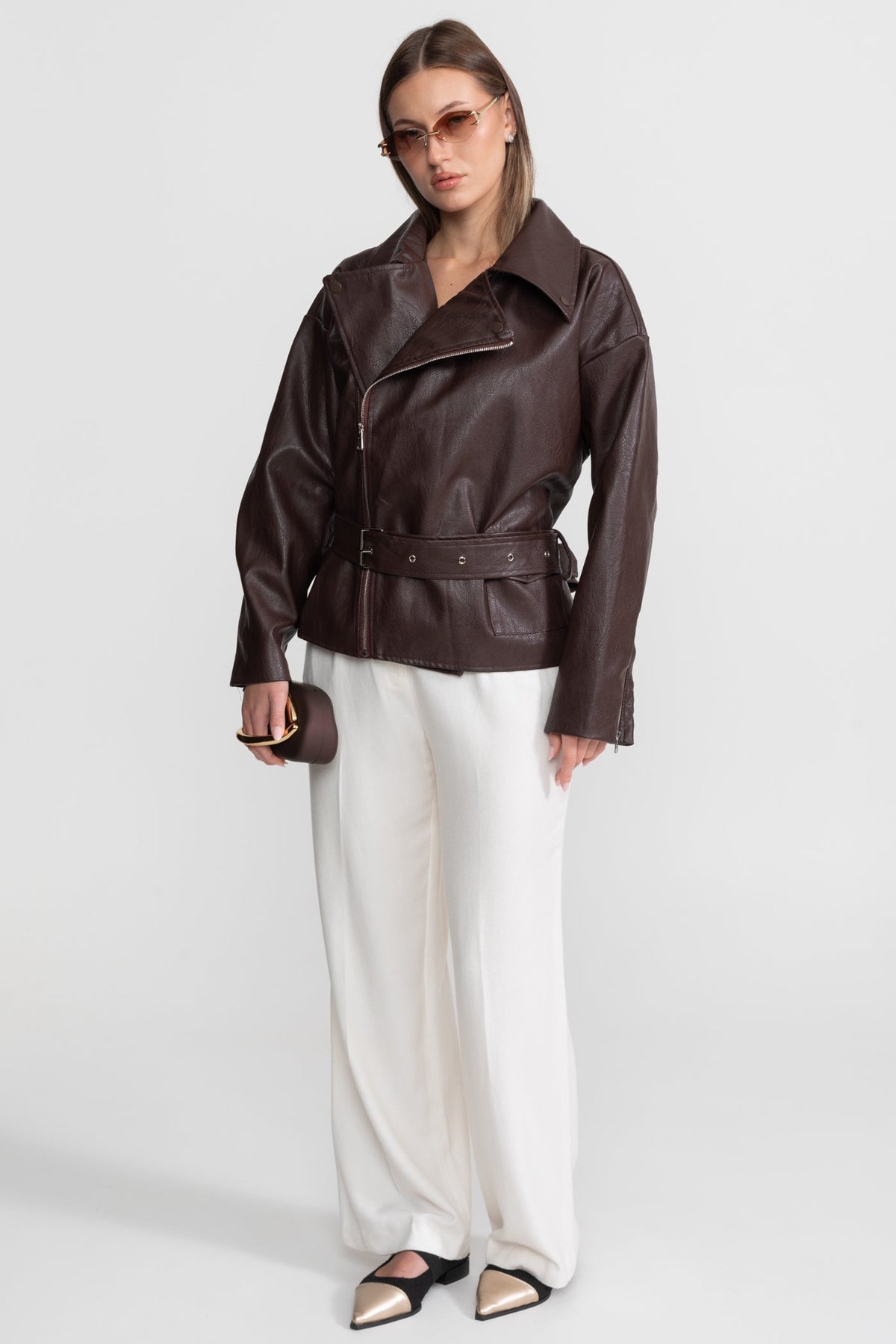 Belted Biker Jacket With Wide Lapels – Chocolate Brown