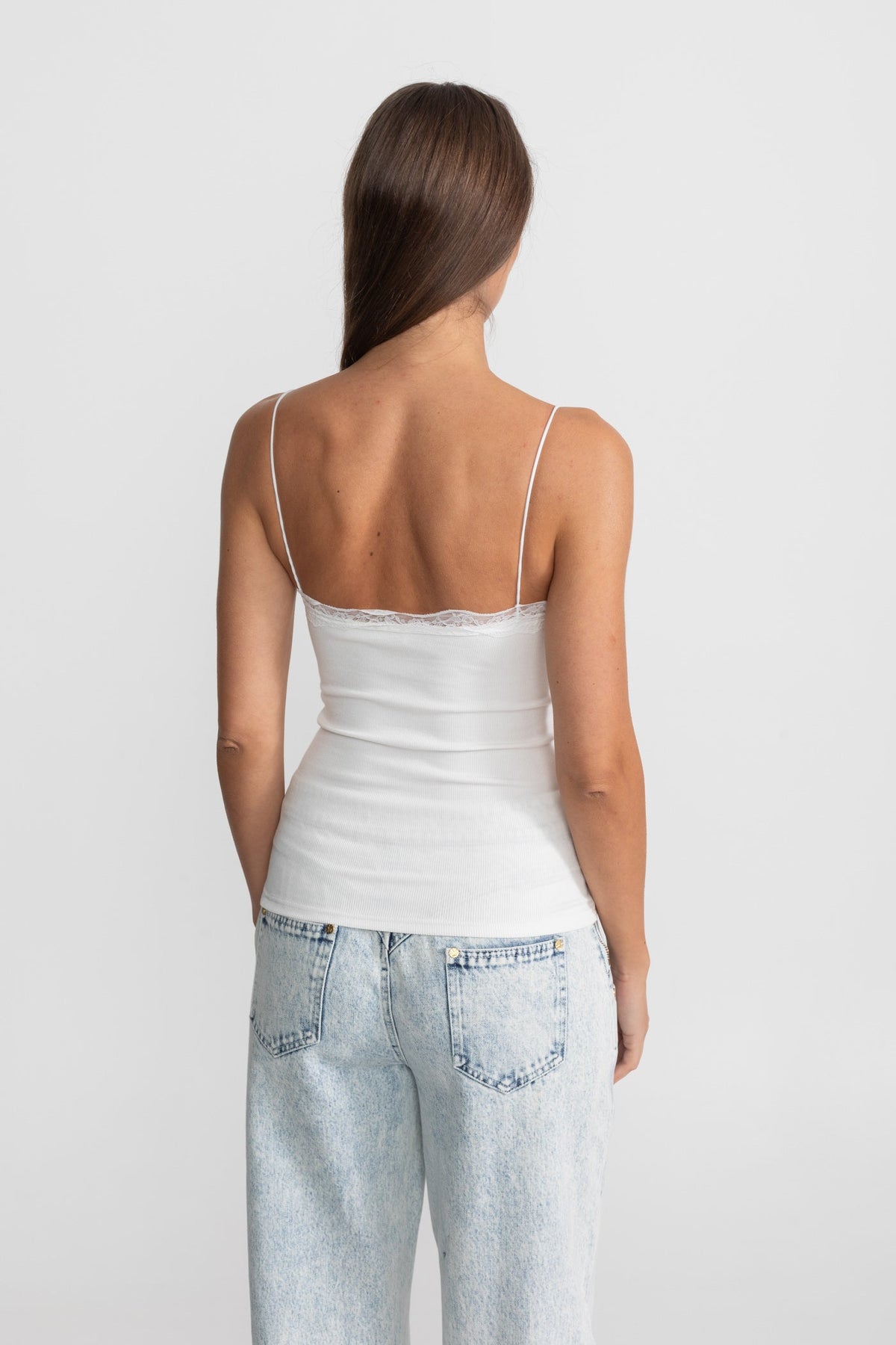 Lace-Trimmed Ribbed Camisole with Buttoned Front - White