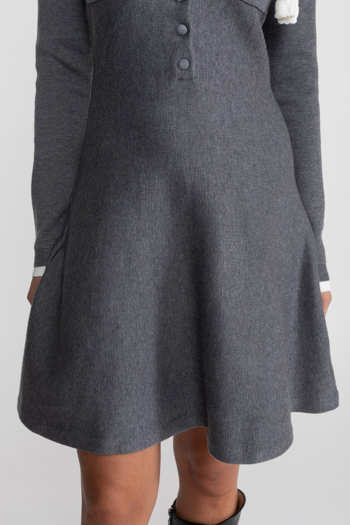 Mini Dress with Contrast Collar and Floral Brooch - Gray