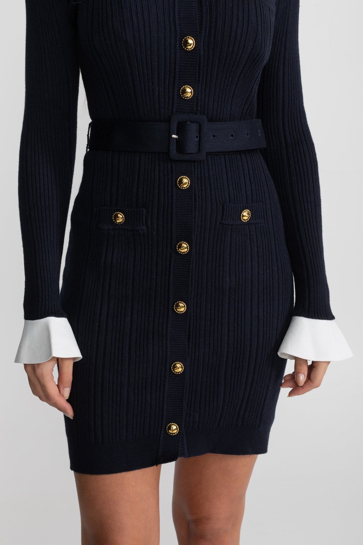Ribbed Knit Mini Dress with Gold Button Fastening - Dark Blue