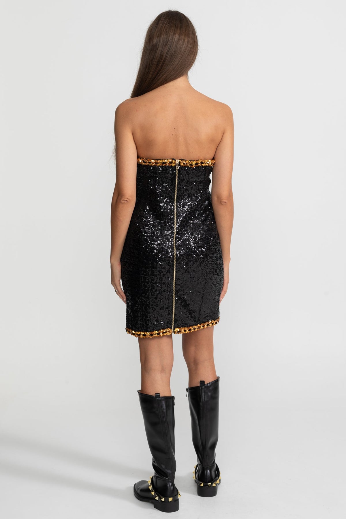 Strapless Sequin Mini Dress With Chain Trim Detailing – Black