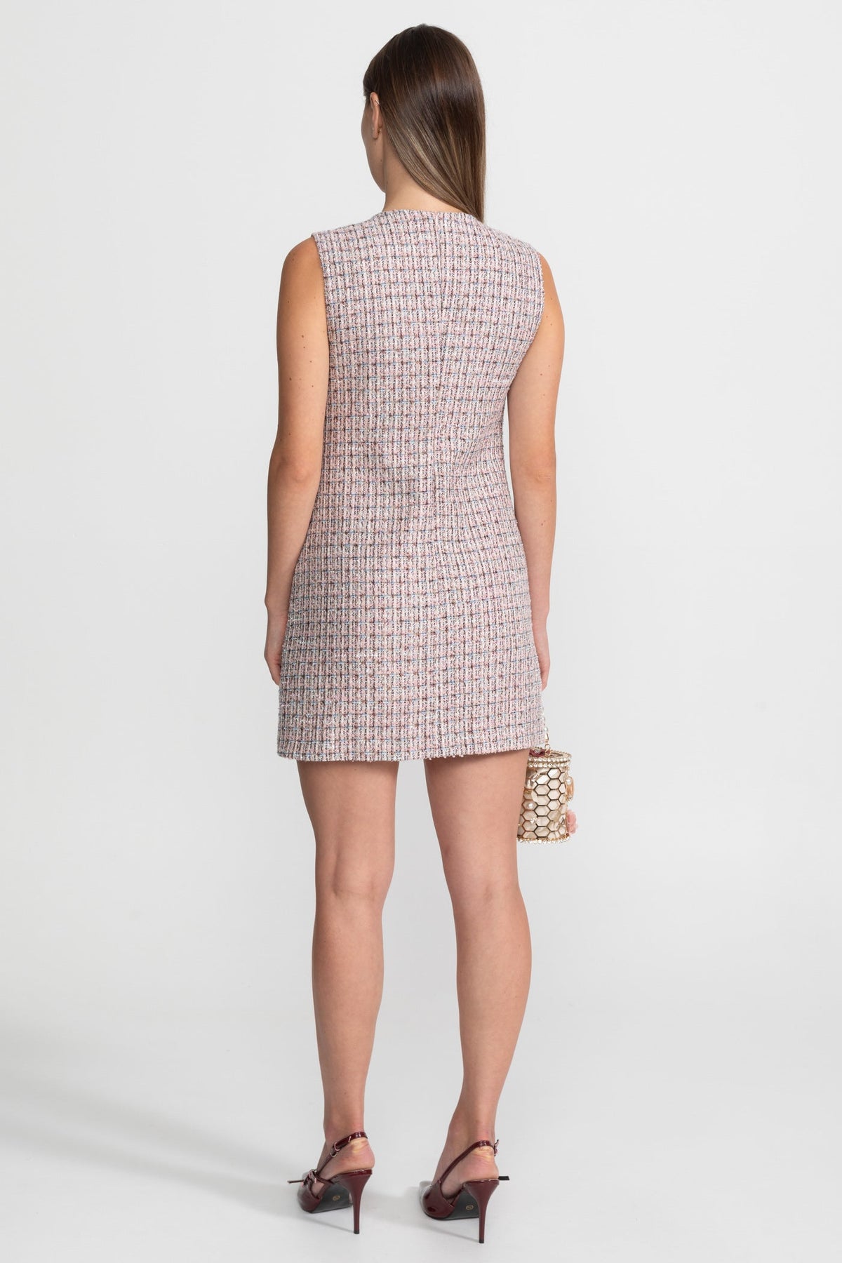 Sleeveless Tweed Mini Dress - Pink