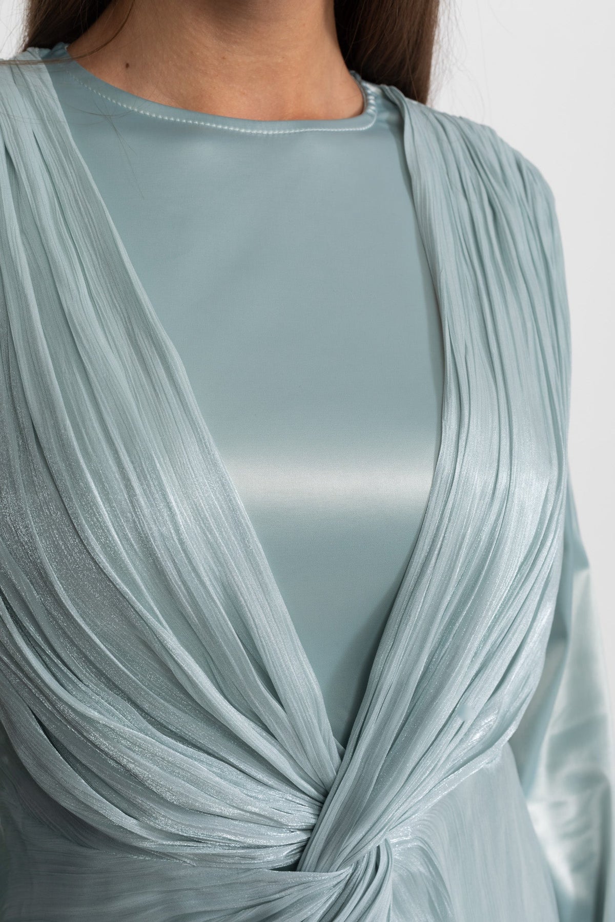 Satin Midi Dress with Draped Overlay and Knot Detail - Teal