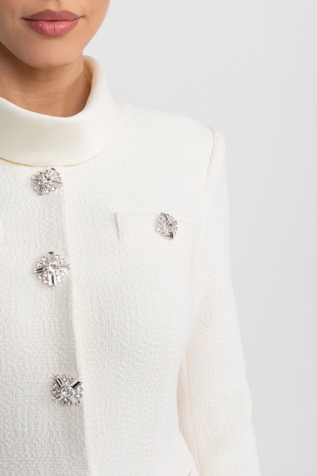 Textured Co-Ord Set With High Neck Jacket And Crystal Button Detail - White