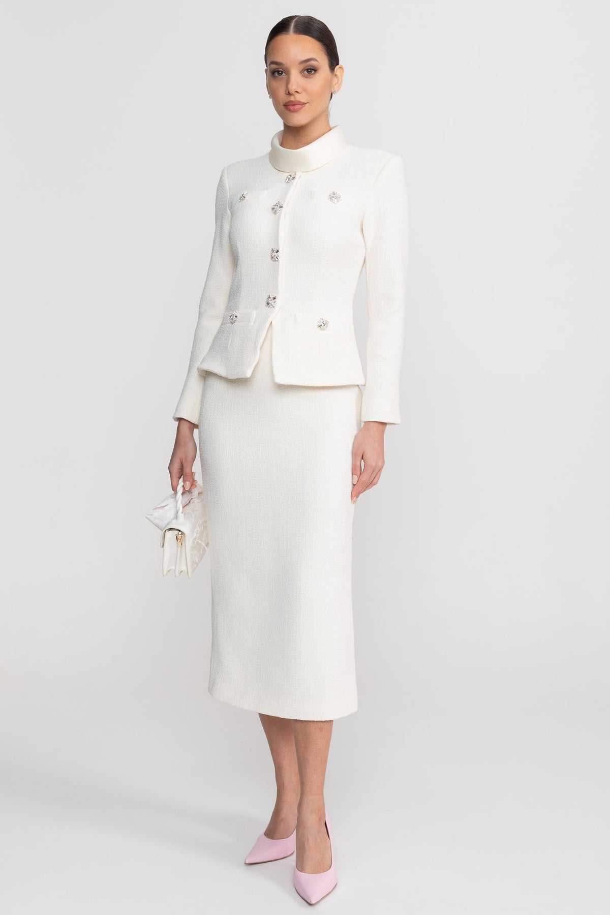 Textured Co-Ord Set With High Neck Jacket And Crystal Button Detail - White