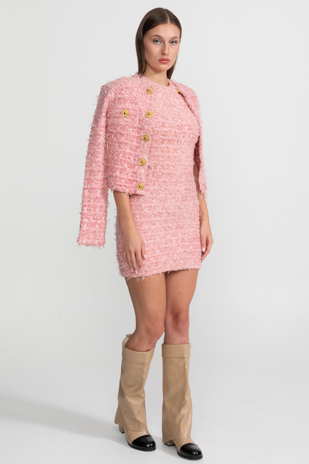 Textured Tweed Jacket With Gold Button Embellishments – Pink