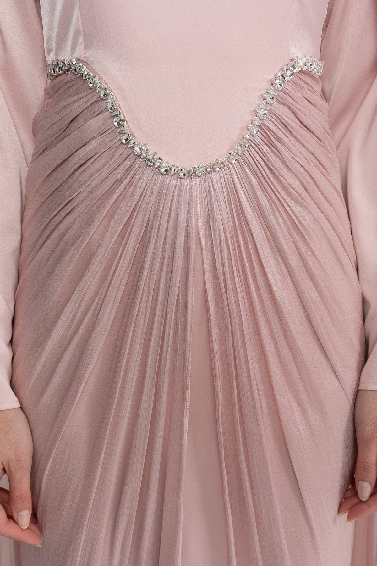 Long Sleeve Maxi Dress With Draped Overlay And Crystal Waist Trim - Blush Pink