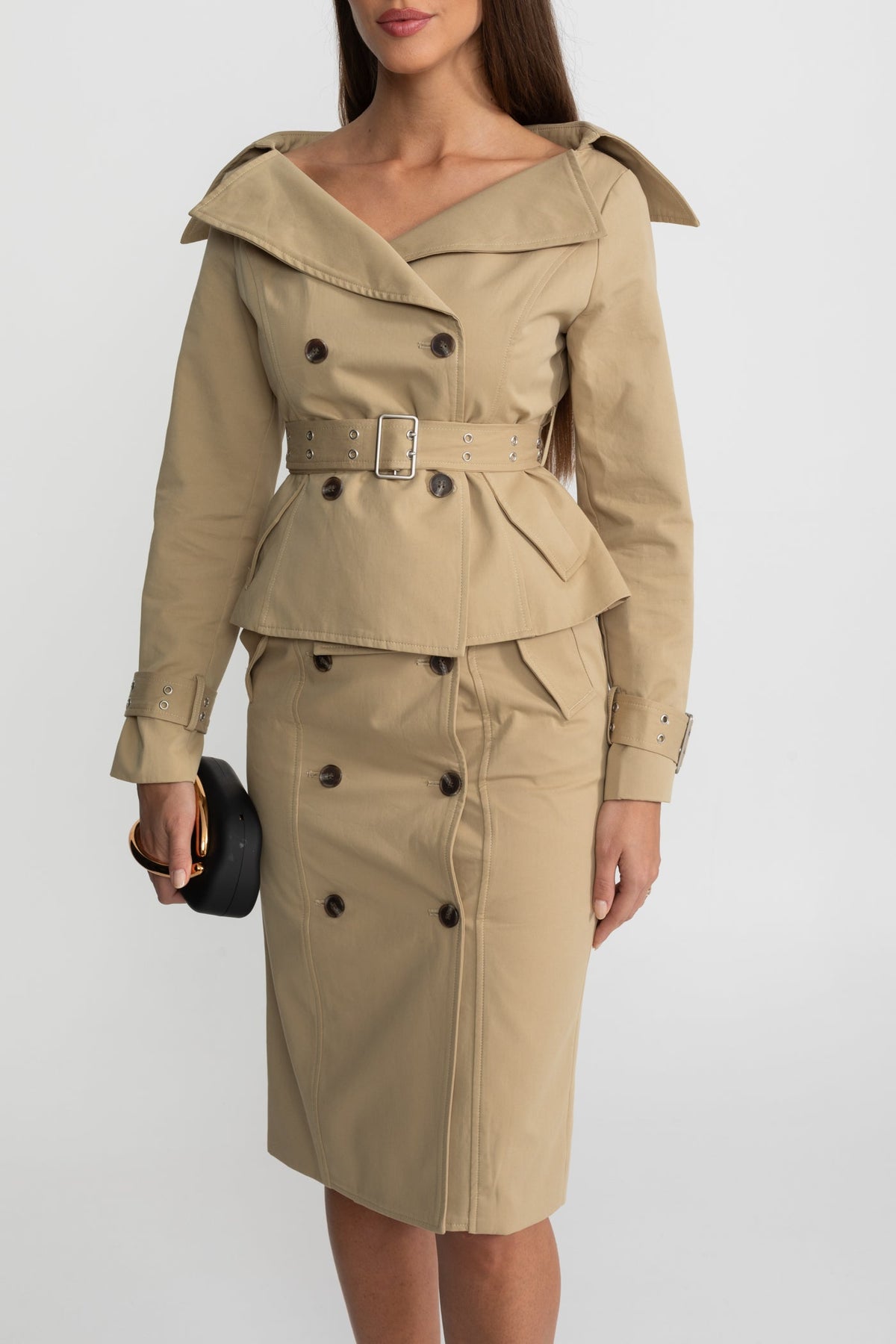 Off-Shoulder Peplum Trench Jacket and Pencil Skirt Co-Ord Set – Khaki