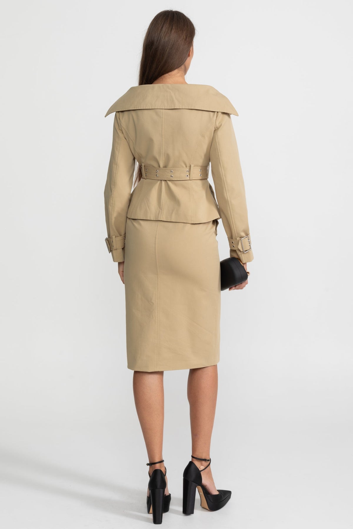 Off-Shoulder Peplum Trench Jacket and Pencil Skirt Co-Ord Set – Khaki