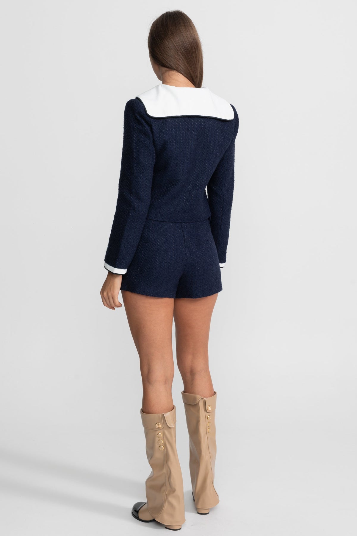 Belted Tweed Mini Skirt with Contrast Pockets - Navy