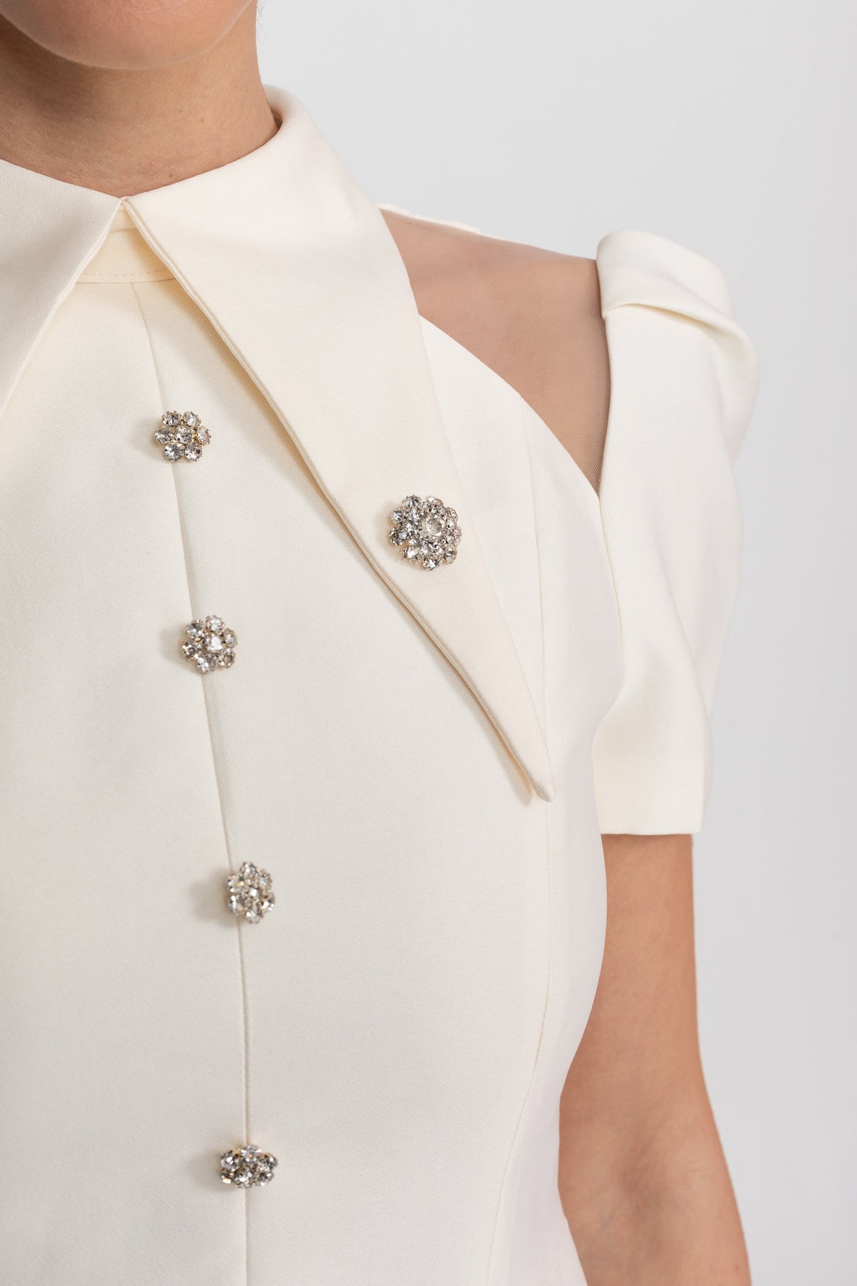 Puff Sleeve Mini Dress With Pointed Collar And Crystal Button Front - Ivoire