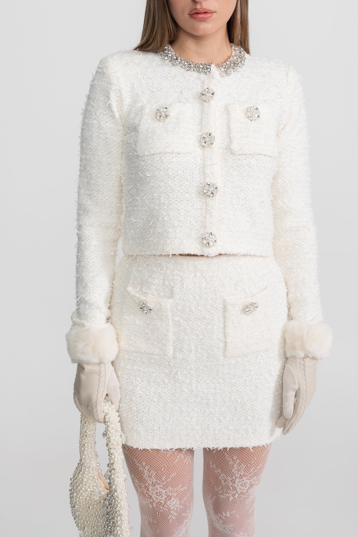 Tweed Blazer With Crystal Embellishments And Buttons - Ivoire