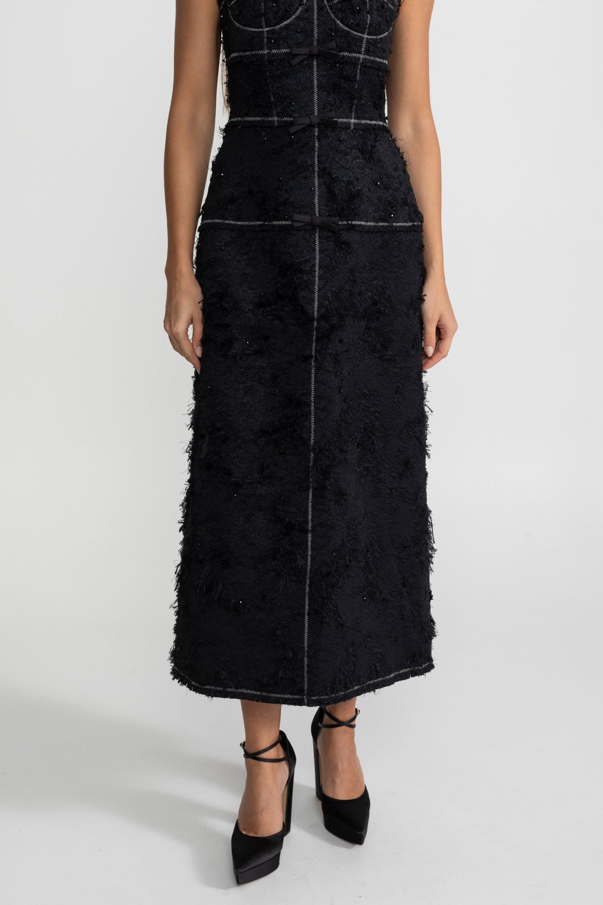 Textured Tweed Midi Dress With Contrast Straps and Bow Detailing – Black