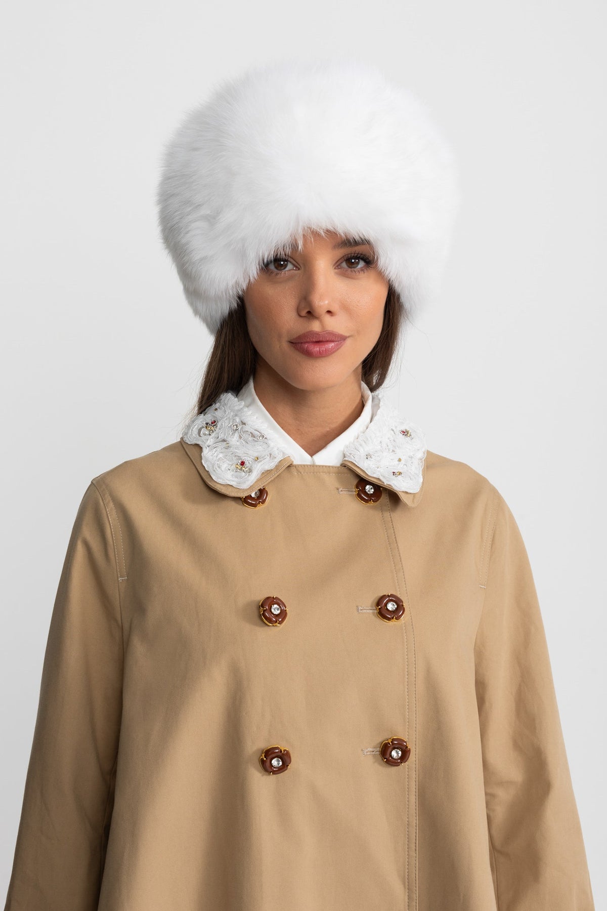 A-Line Trench Mini Dress With Embroidered Collar – Camel