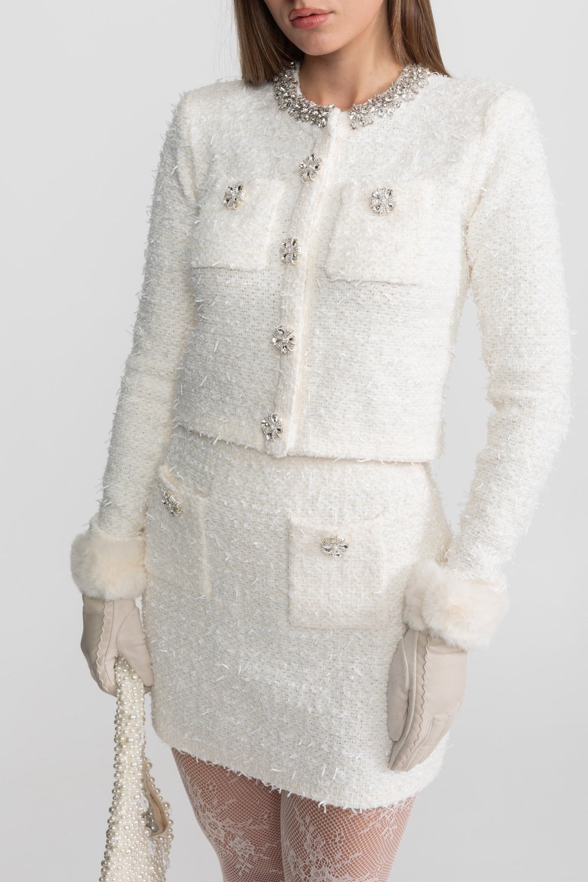 Tweed Blazer With Crystal Embellishments And Buttons - Ivoire