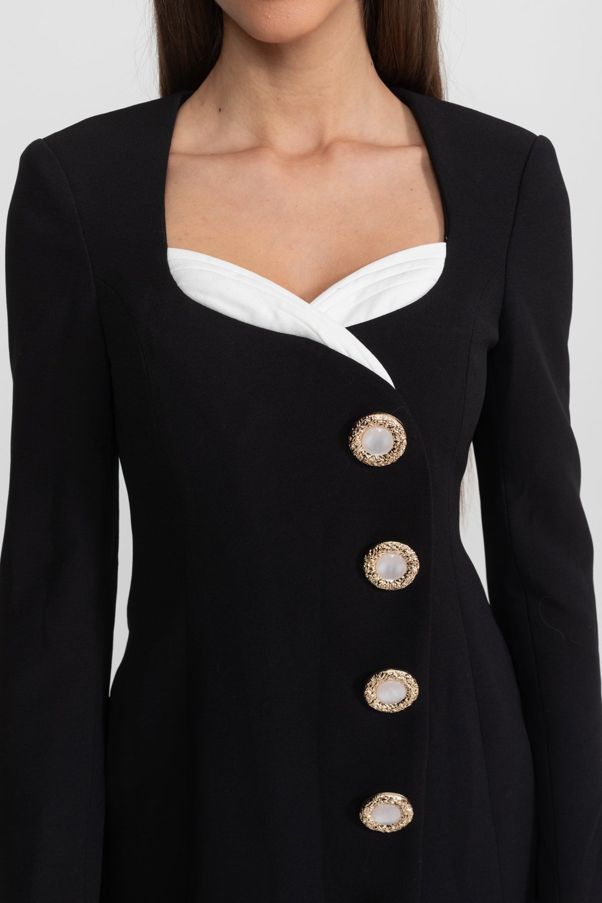 Tailored Mini Dress with Contrast Bust Detail and Gold Buttons – Black