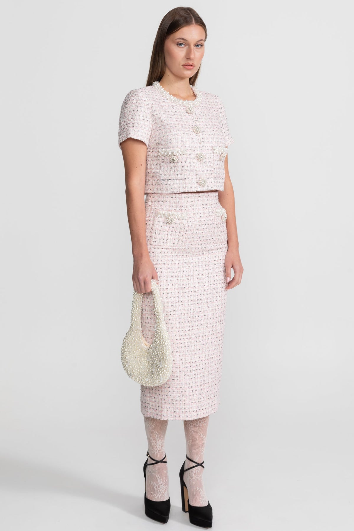 Short Sleeve Pearl-Embellished Top With Sparkling Buttons - Pink