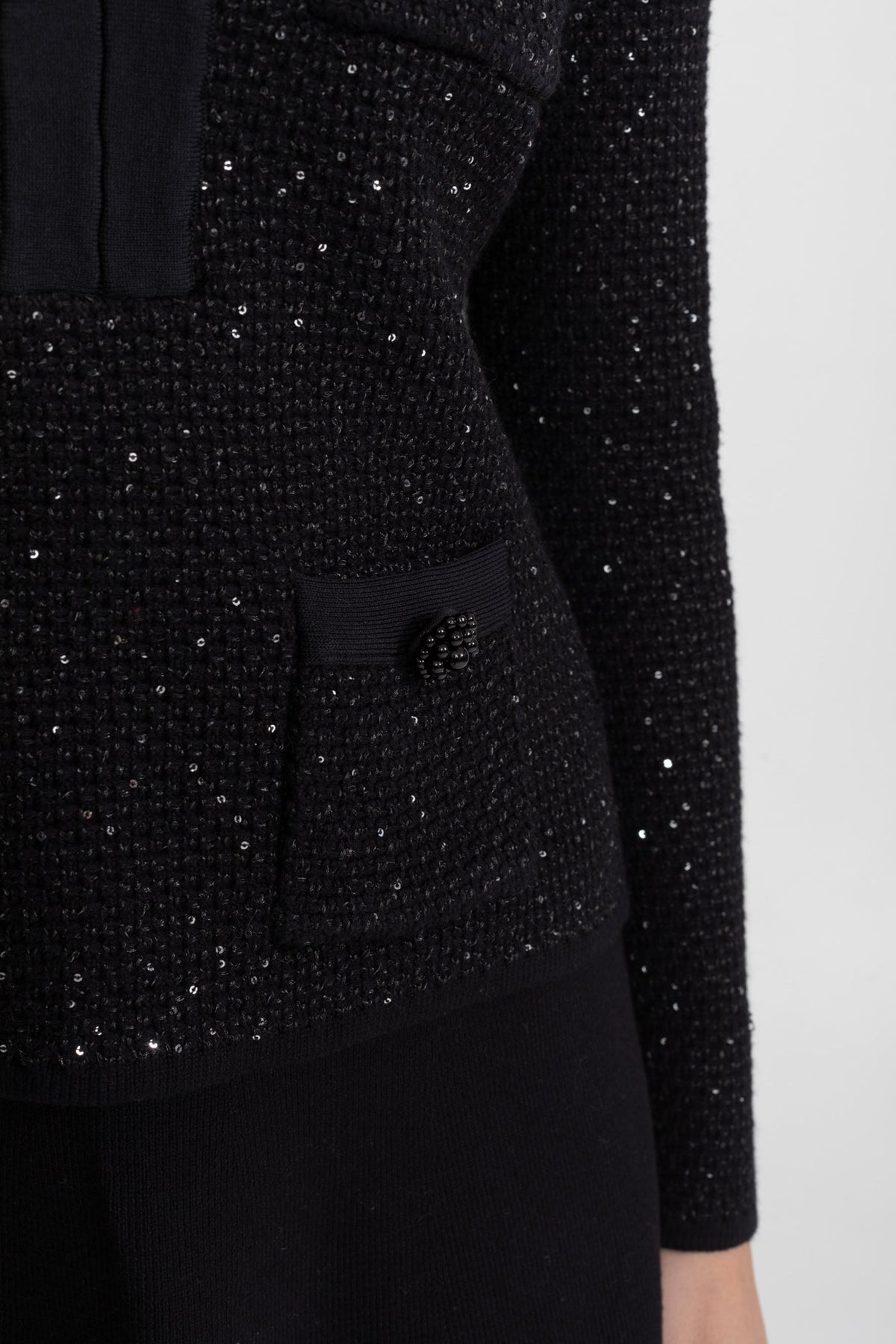Embellished Tweed Co-Ord Set with Bow Closures And Mini Skirt – Black