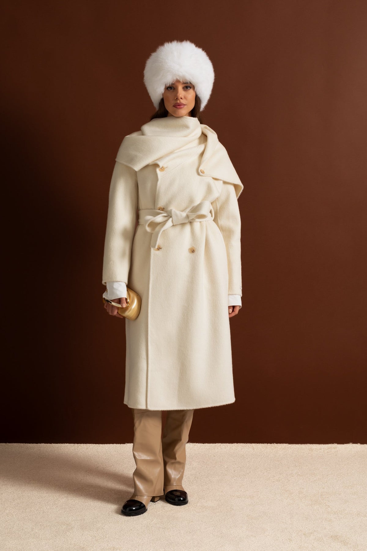Maxi Coat with Oversized Scarf Collar - Beige