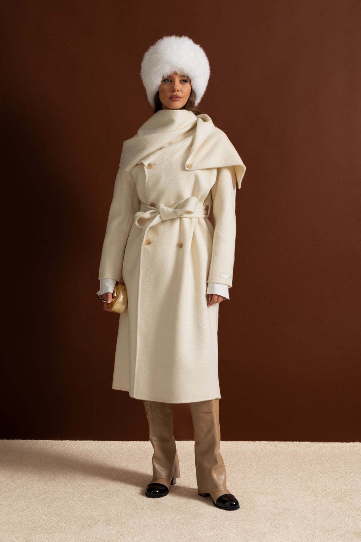 Maxi Coat with Oversized Scarf Collar - Beige