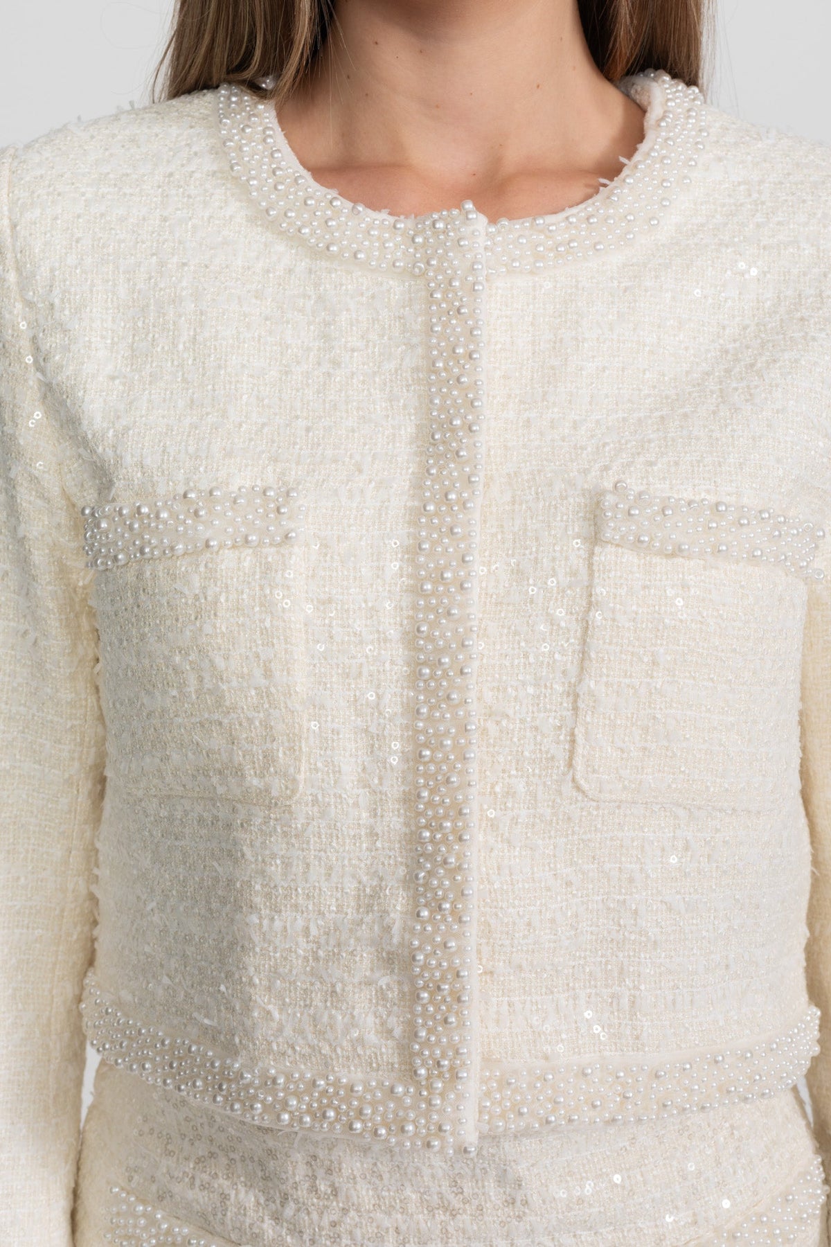 Tweed Blazer With Beaded Trim - Ivoire