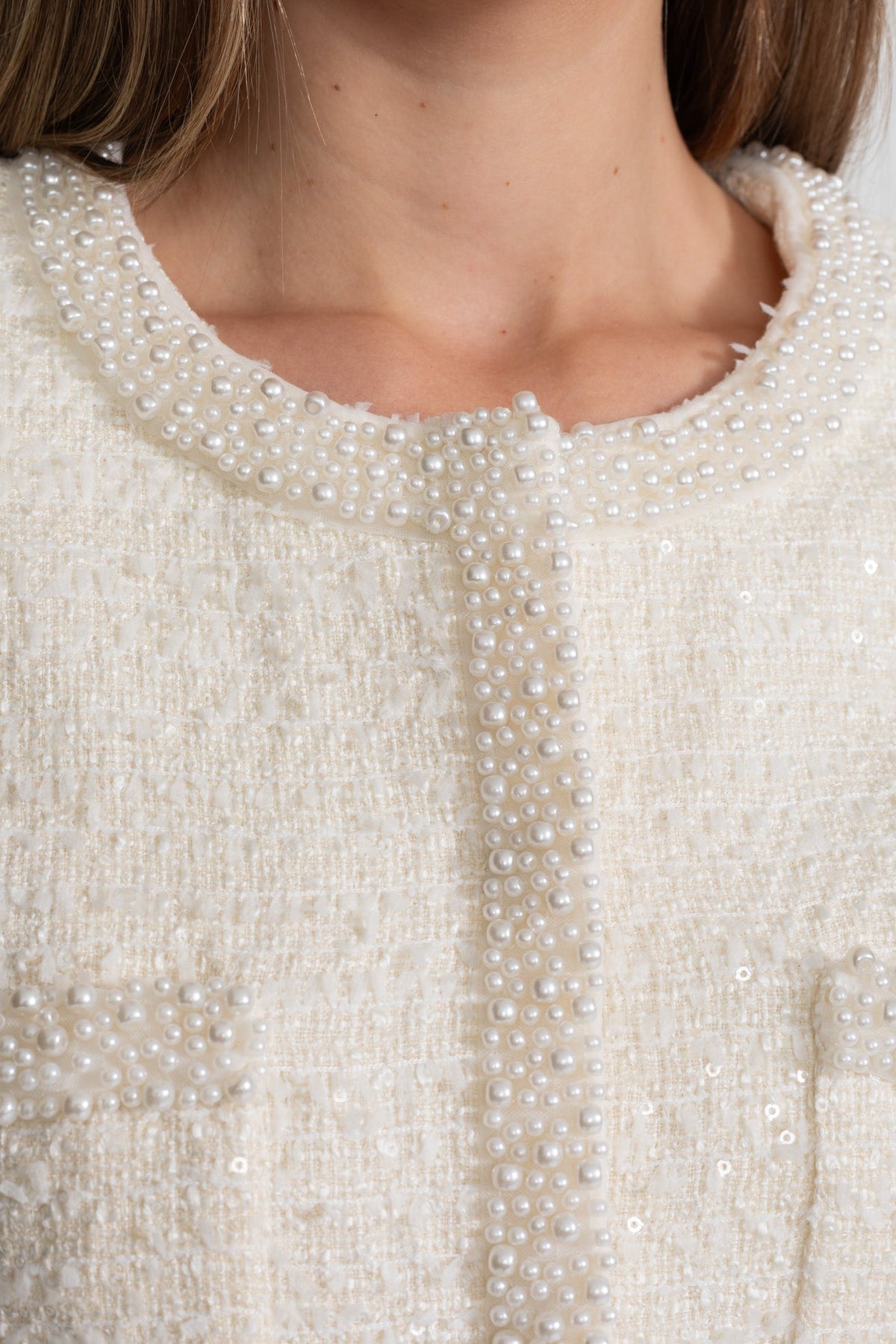 Tweed Blazer With Beaded Trim - Ivoire