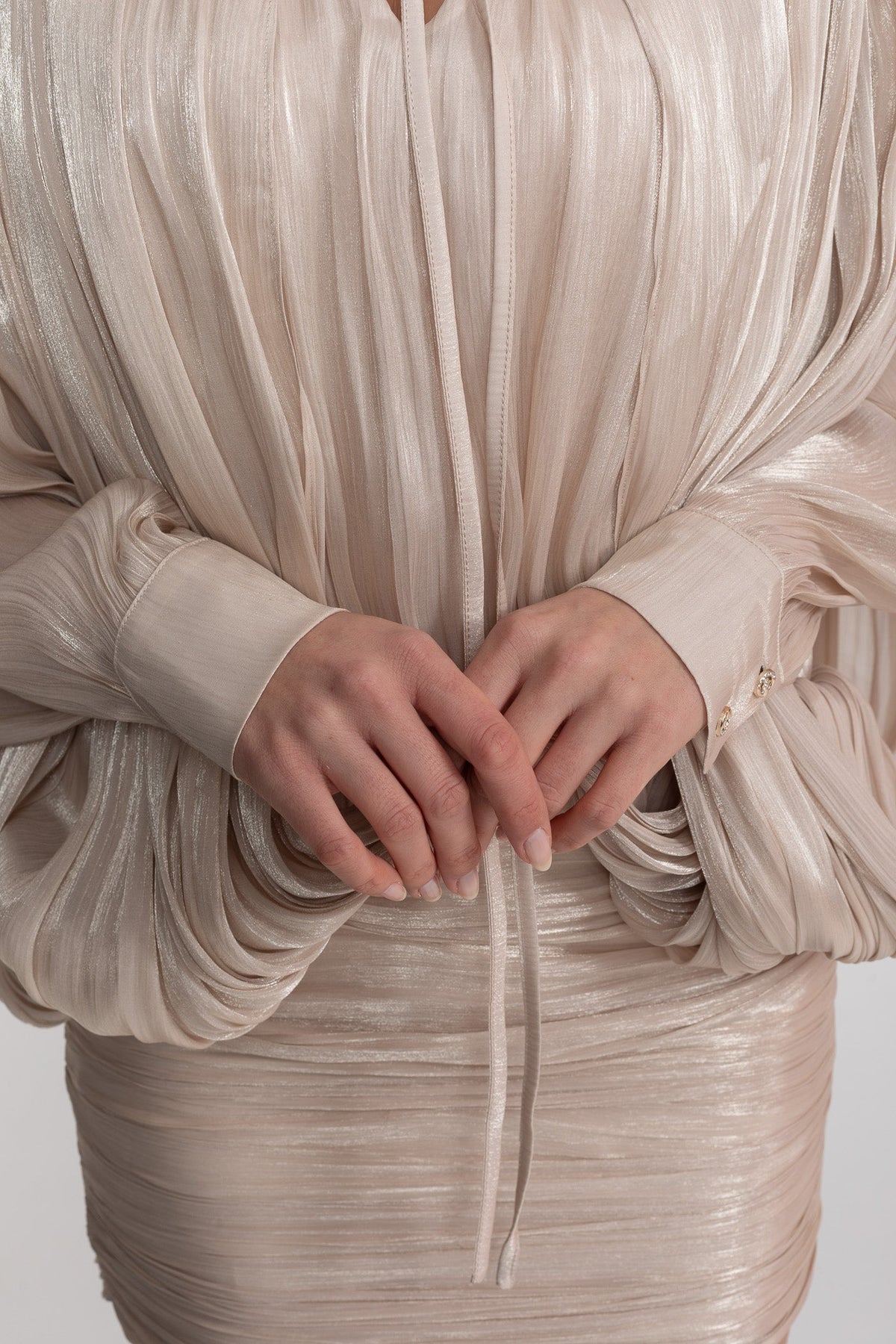 Draped Long Sleeve Mini Dress With Batwing Sleeves - Champagne