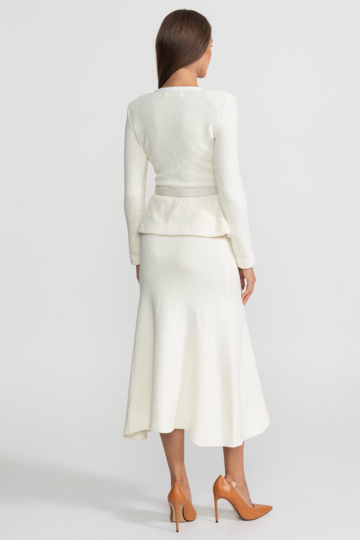 Tweed Peplum Knit Midi Dress – White