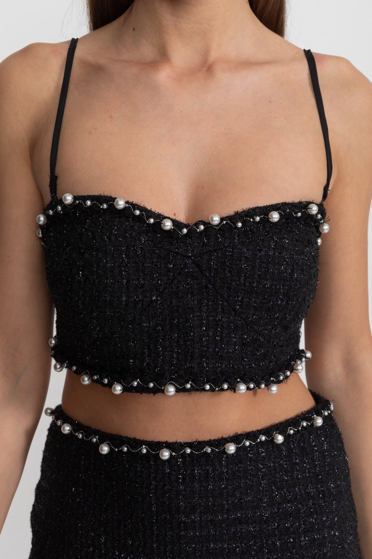 Pearl-Trim Tweed Co-Ord Set with Cropped Bustier Top – Black