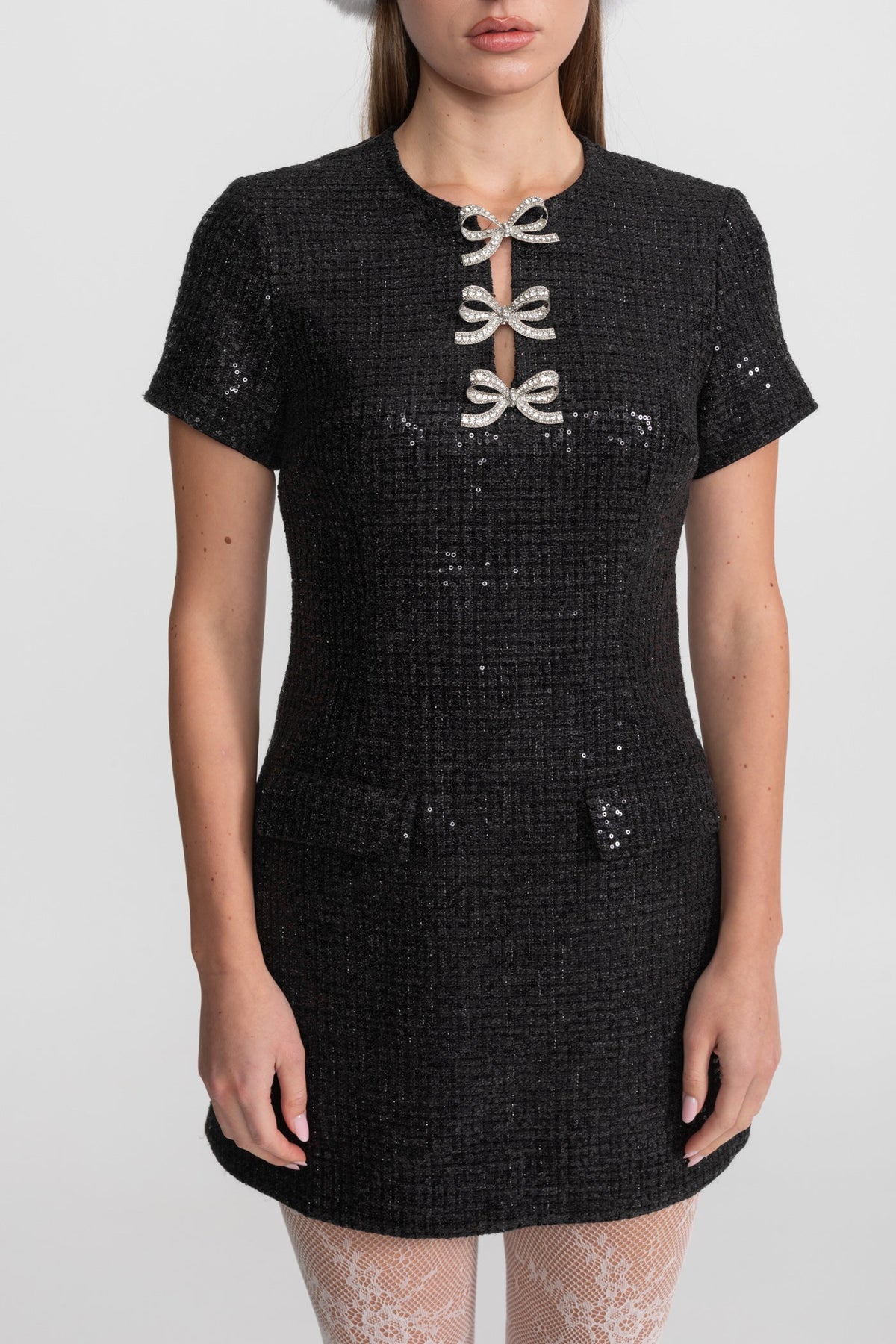 Sequin Mini Dress with Crystal Bow Accents - Black