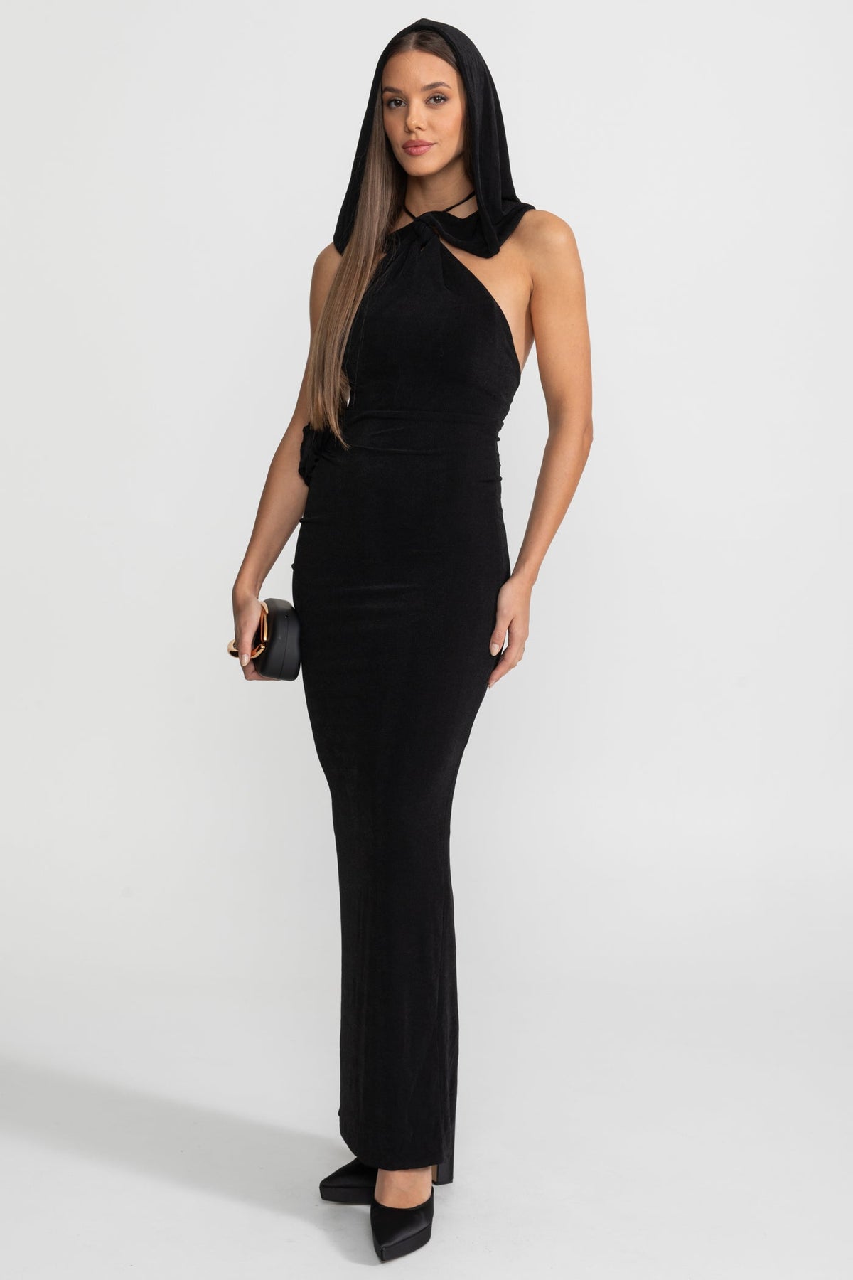 Silhouette Maxi Dress with Draped Hood and Side Rosette - Black