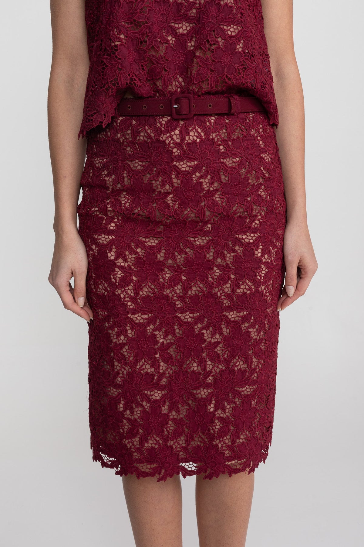 Lace Co-Ord Set With Short Sleeve Top And Crystal Embellished Neckline - Burgundy