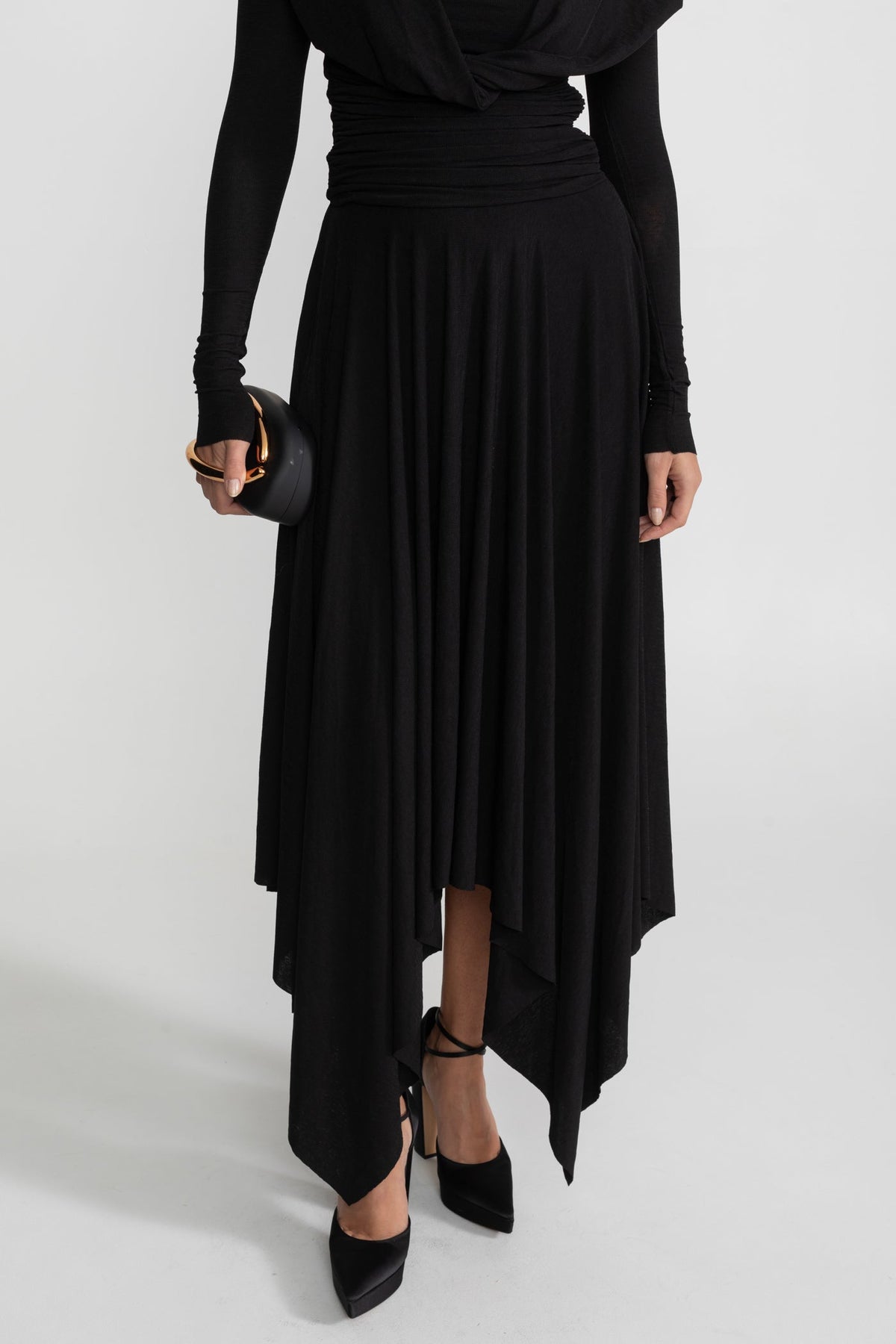 Draped Long-Sleeve Asymmetric Midi Dress – Black