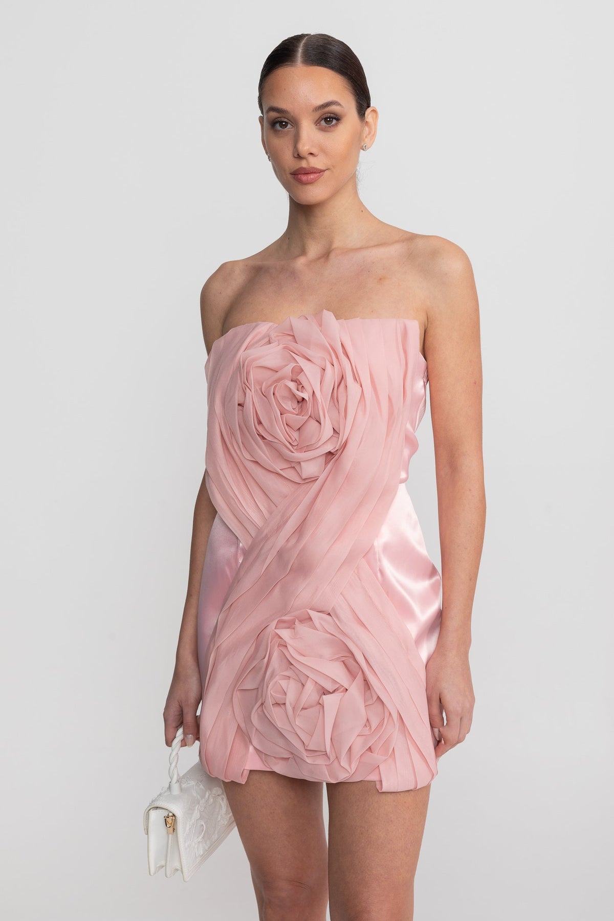 Strapless Mini Dress With Draped Bodice And 3D Rose Appliqués - Blush Pink