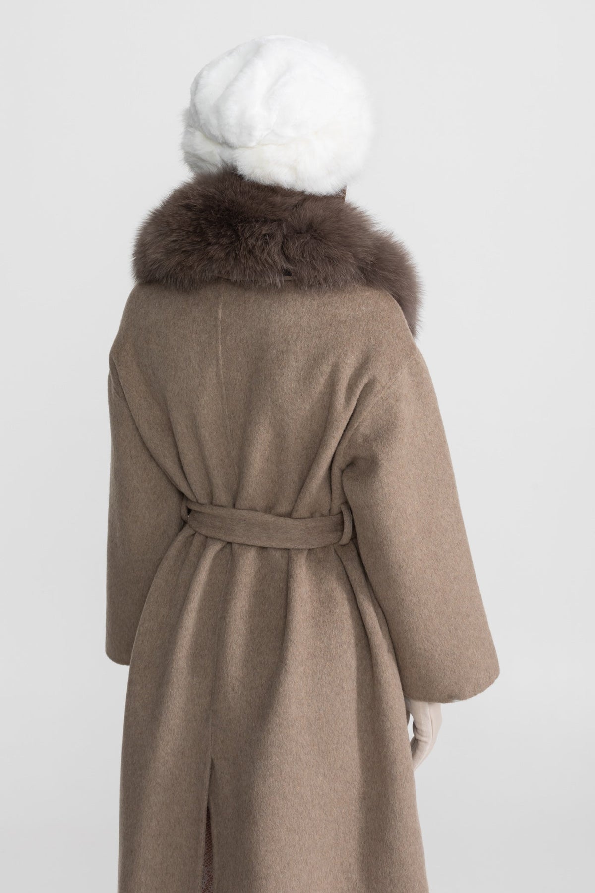 Wool Wrap Coat with Fox Fur Collar And Tie Belt – Khaki