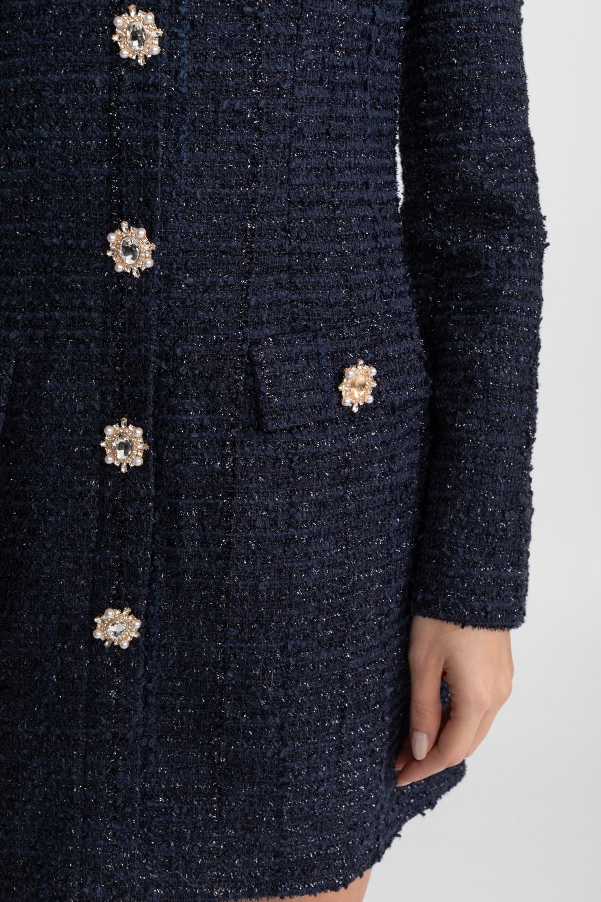 Textured Tweed Mini Dress with Crystal Button Embellishments – Navy