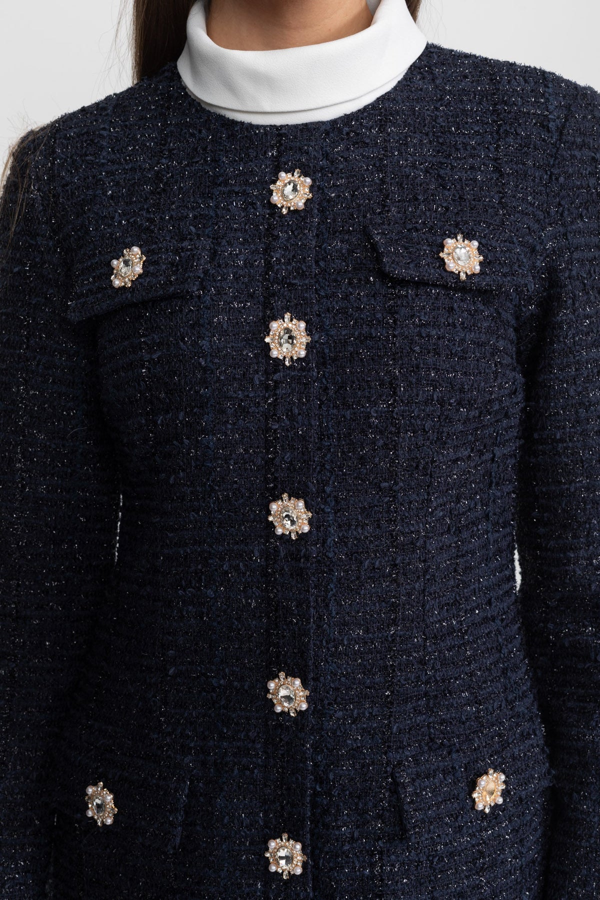 Textured Tweed Mini Dress with Crystal Button Embellishments – Navy