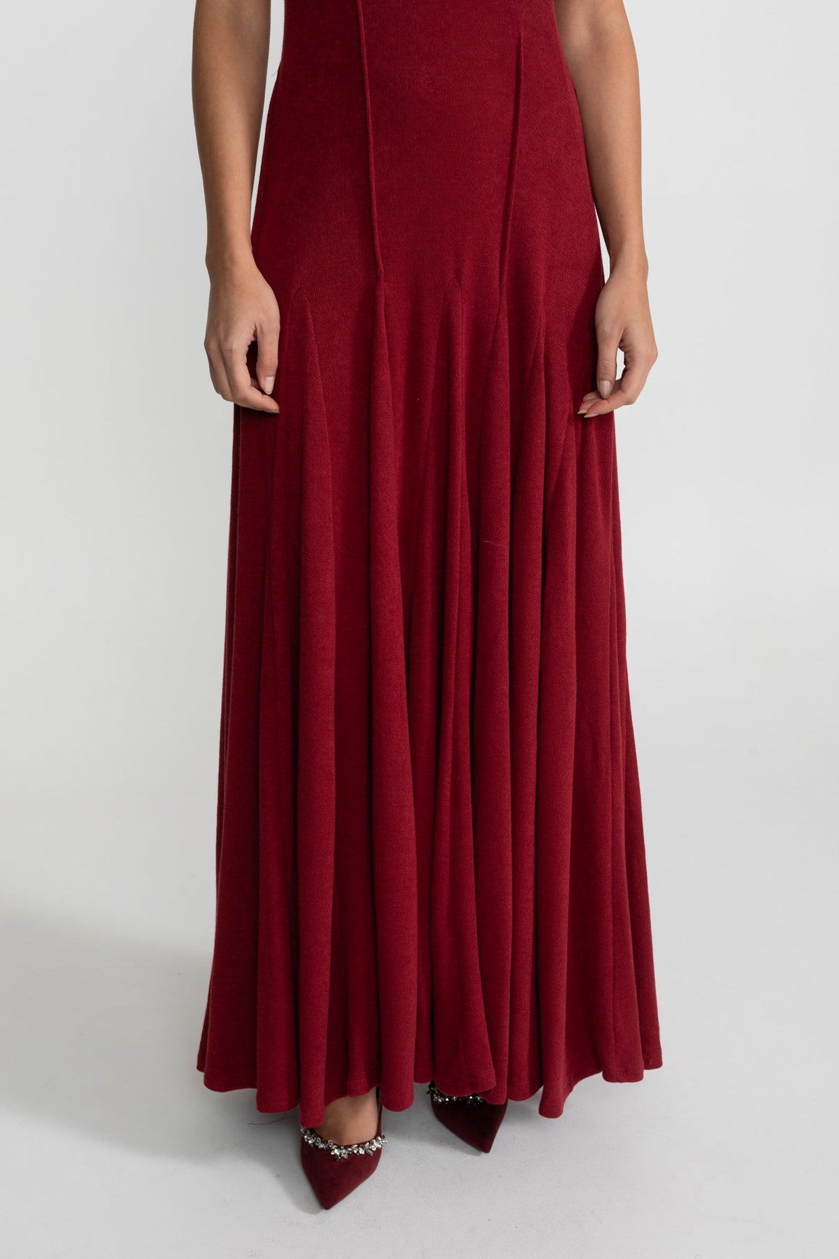 Off-Shoulder Braided Neckline Maxi Dress – Deep Red