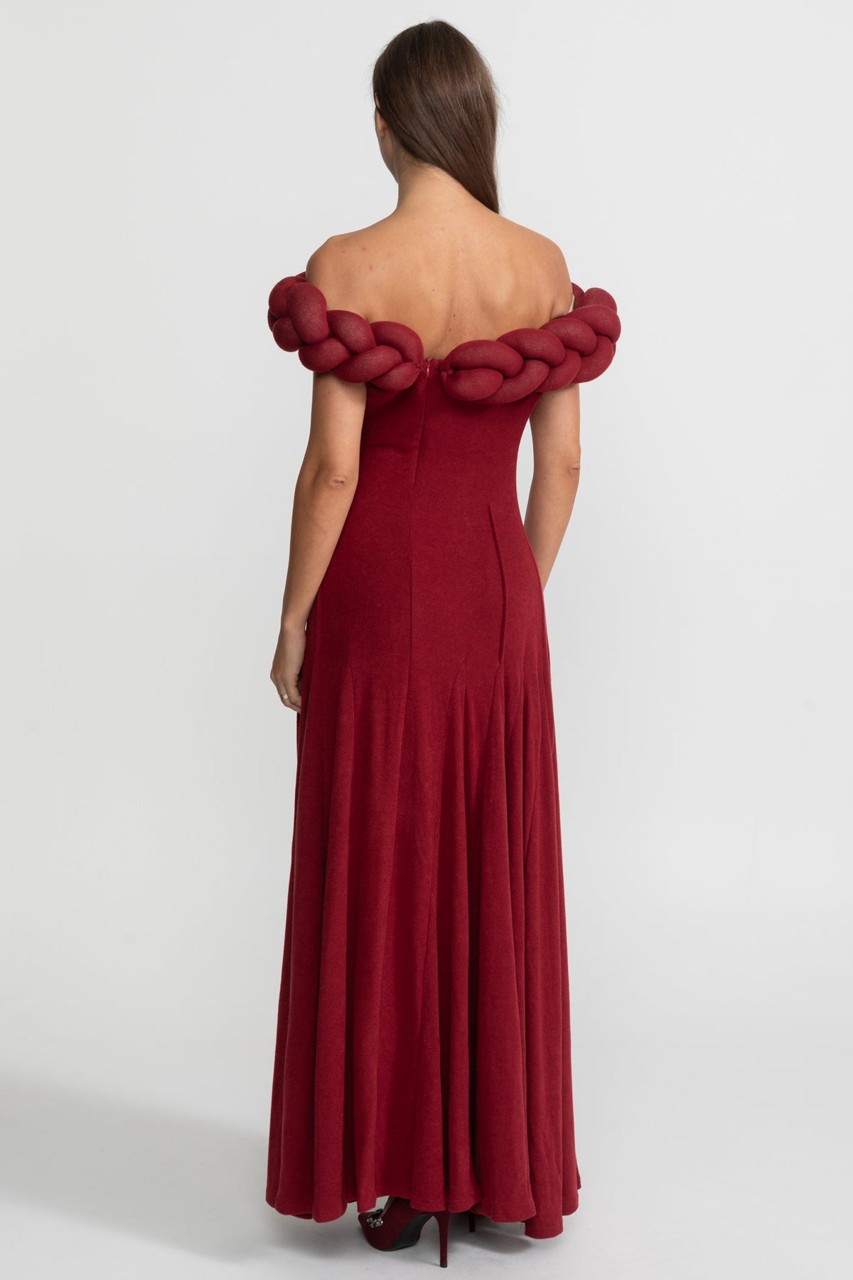 Off-Shoulder Braided Neckline Maxi Dress – Deep Red