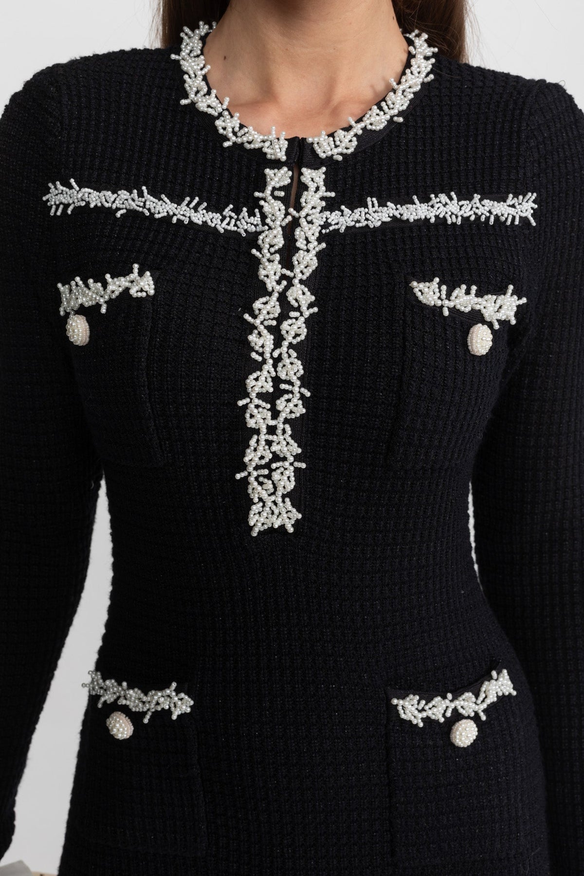 Textured Midi Dress with Contrast Embroidered Trim – Black