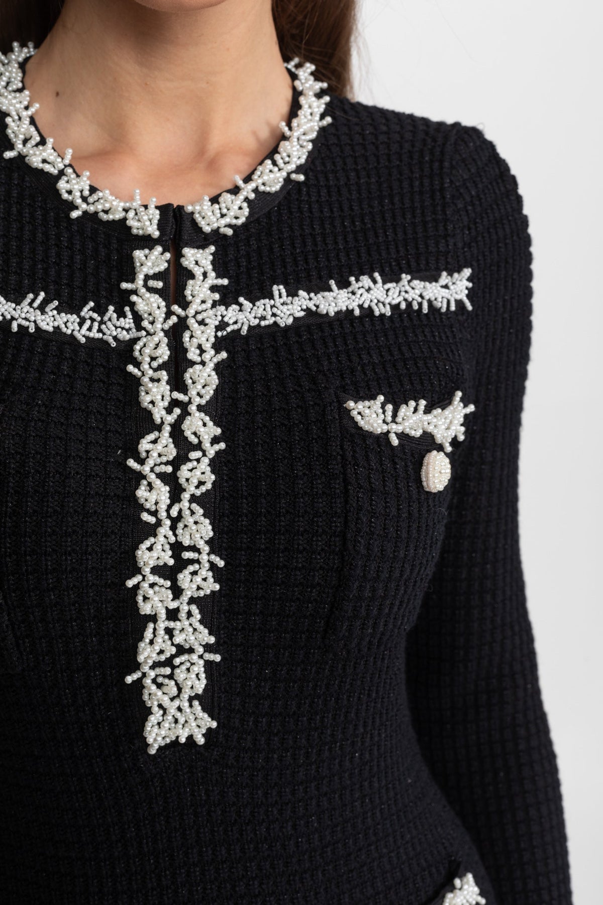 Textured Midi Dress with Contrast Embroidered Trim – Black