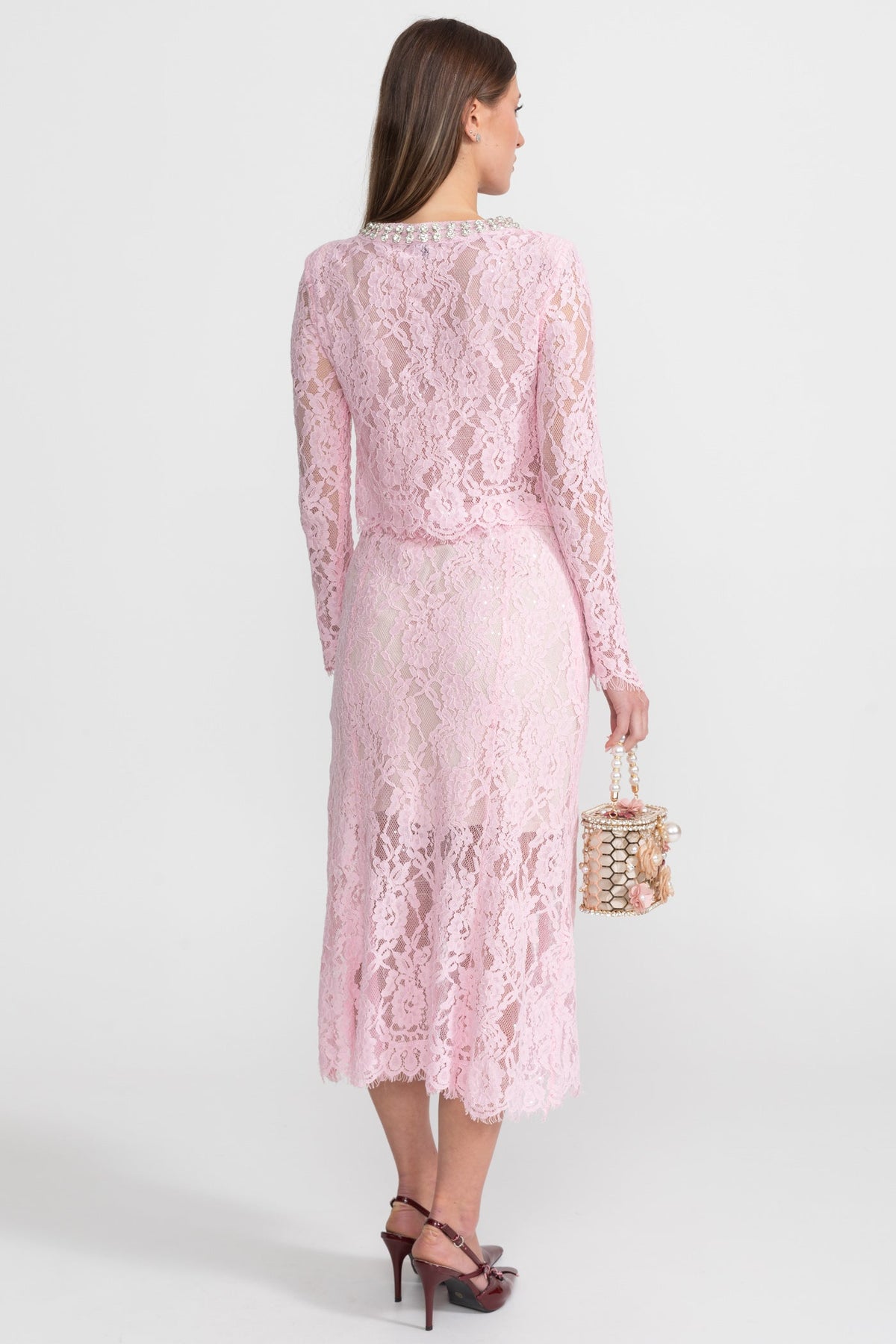 Lace Co-ord Set with Embellished Collar and Buttons - Pink