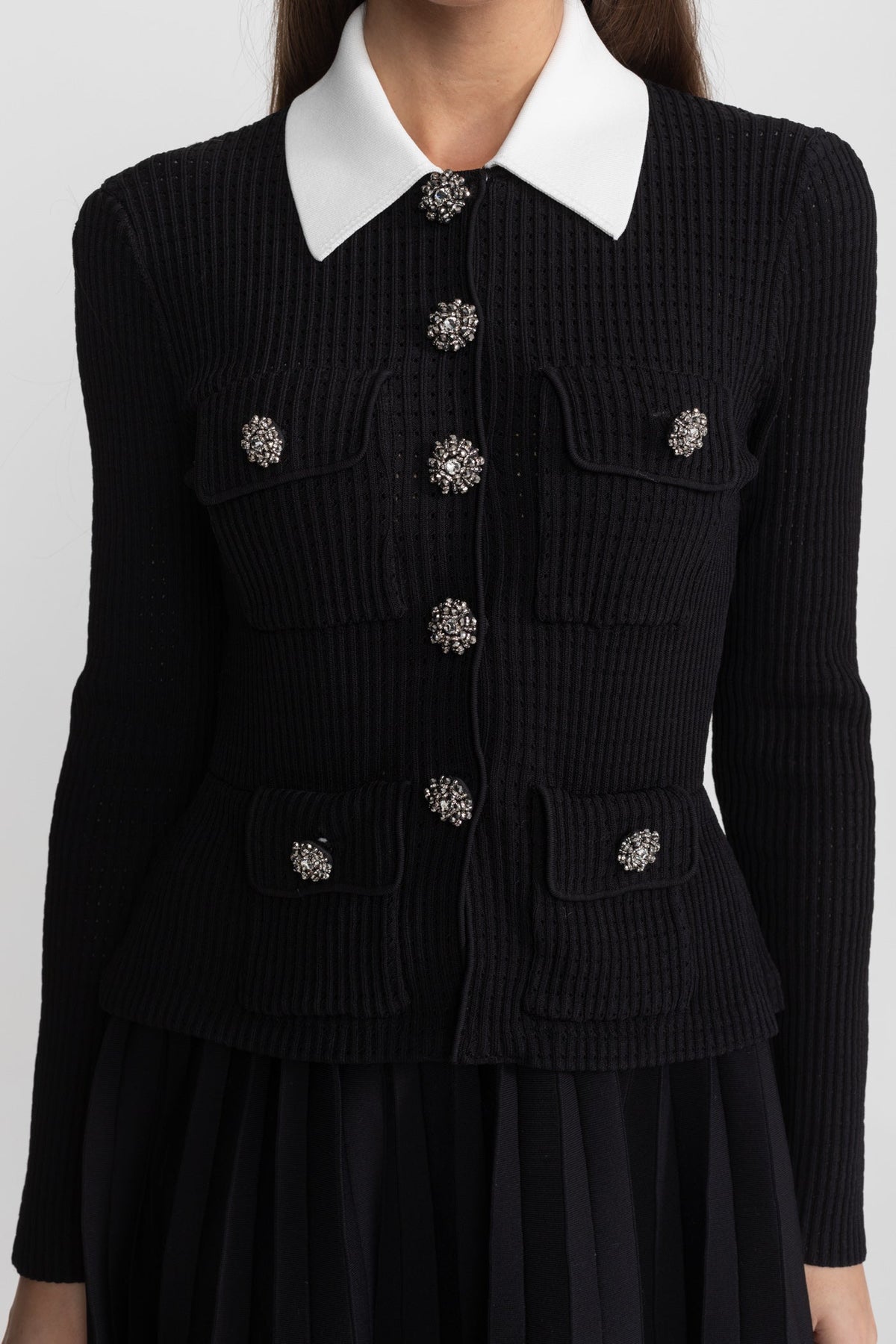 Ribbed Knit Mini Dress with Contrast Collar and Pleated Skirt – Black
