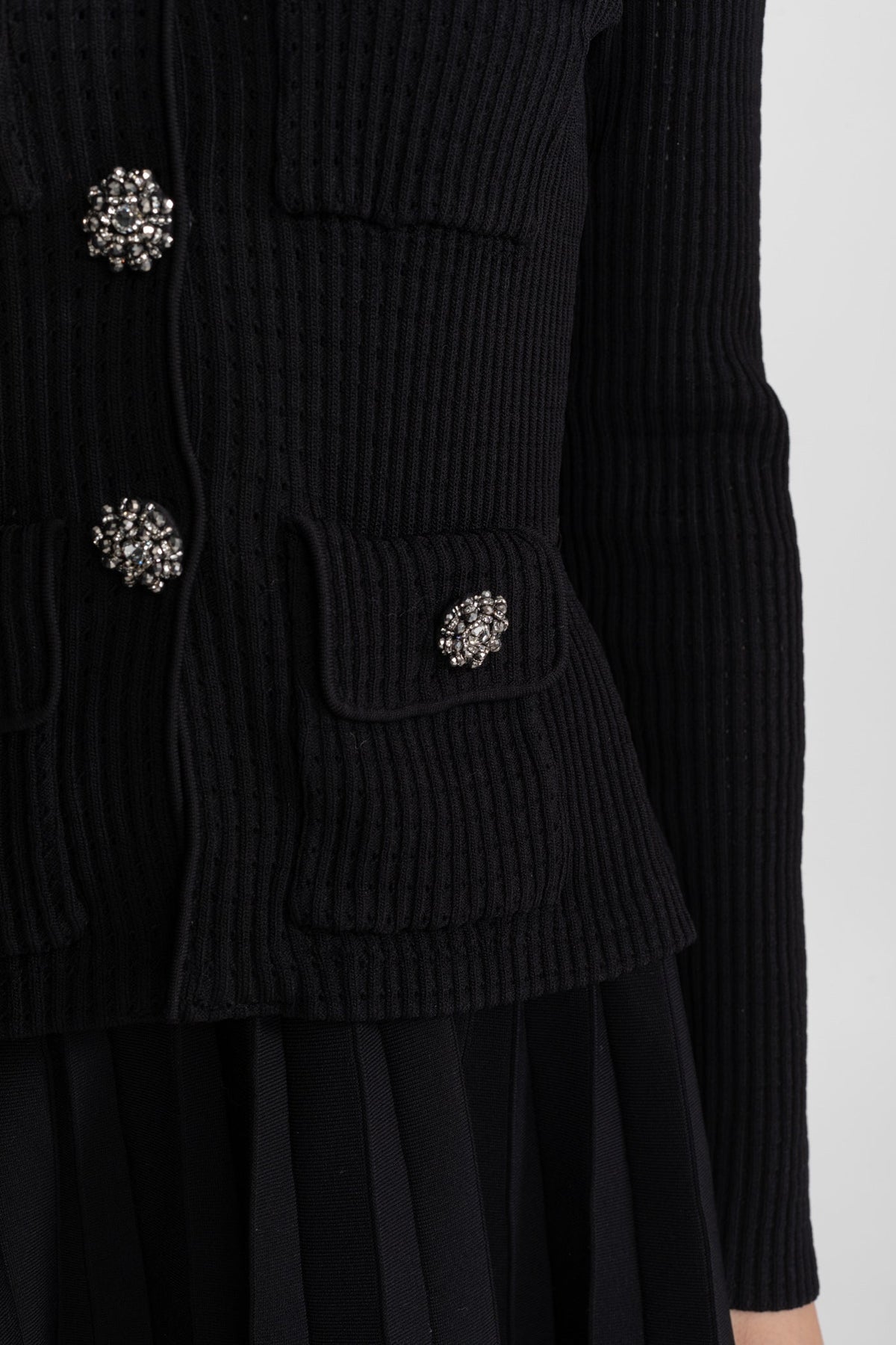 Ribbed Knit Mini Dress with Contrast Collar and Pleated Skirt – Black